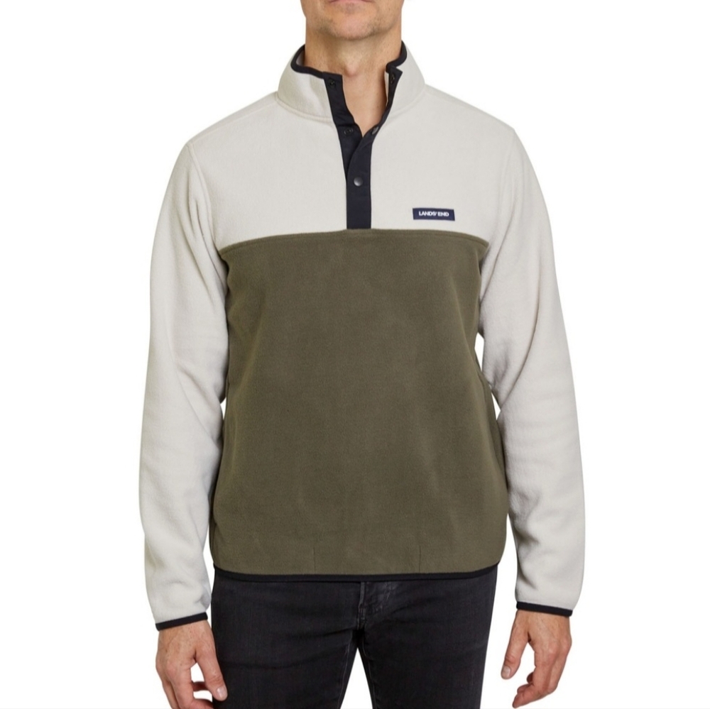 Men's Lands' End Polar Fleece Snap Pullover XL White / Green Outdoors Winter